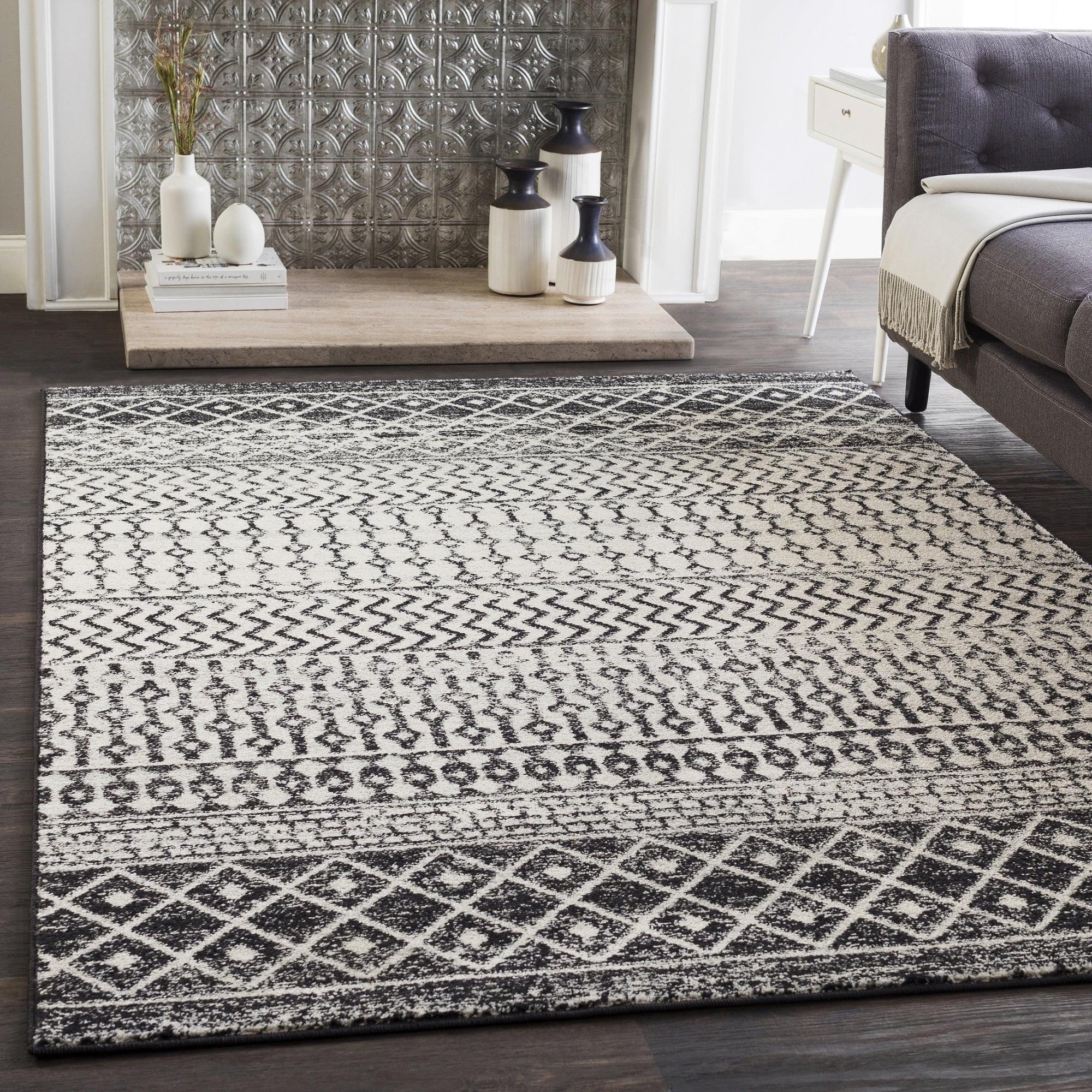 Black and White 5' x 7' Moroccan Pattern Synthetic Area Rug