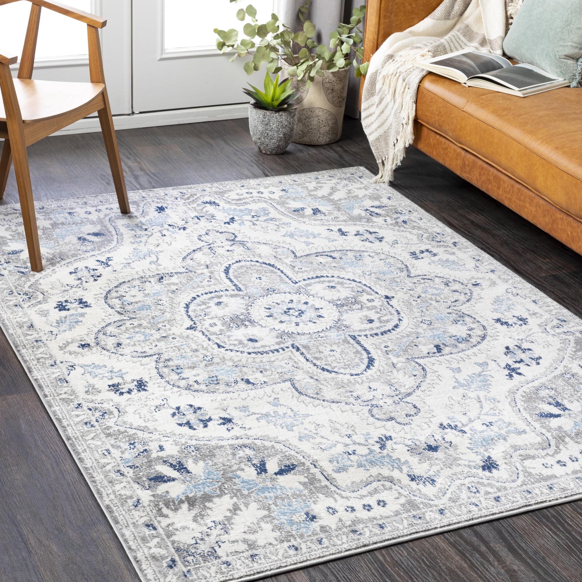 Gray and Blue Vintage Medallion Low Pile Area Rug