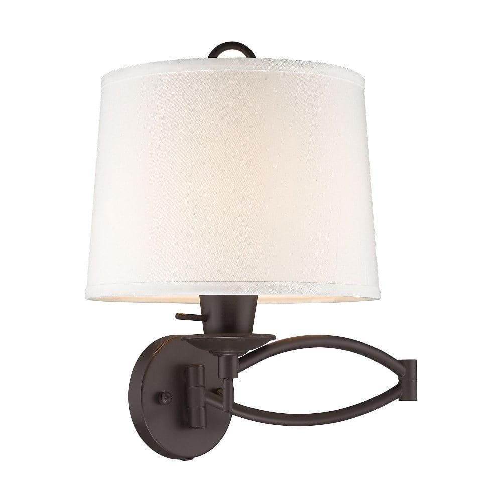 Transitional Bronze Swing Arm Wall Lamp with Off-White Linen Shade