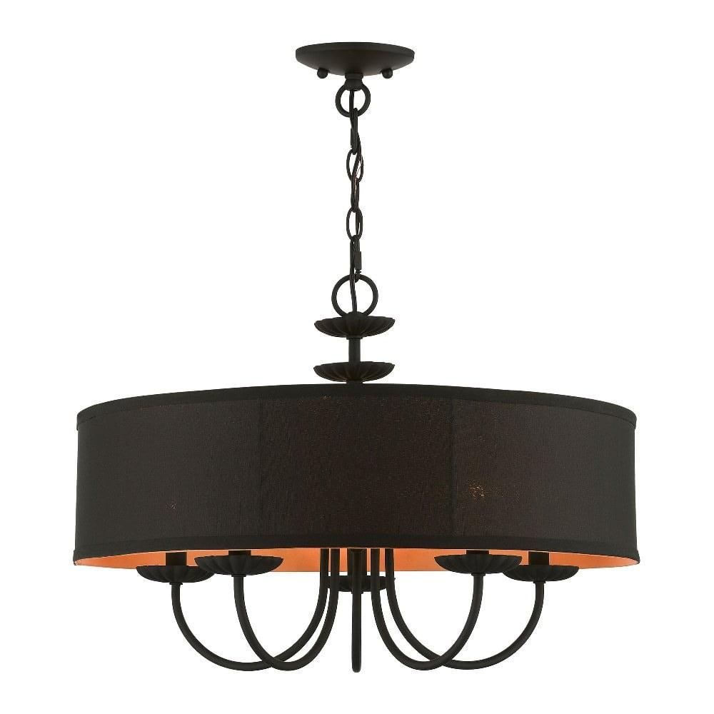 Winchester Transitional 5-Light Black Drum Pendant Chandelier with Silky Orange Inner Shade