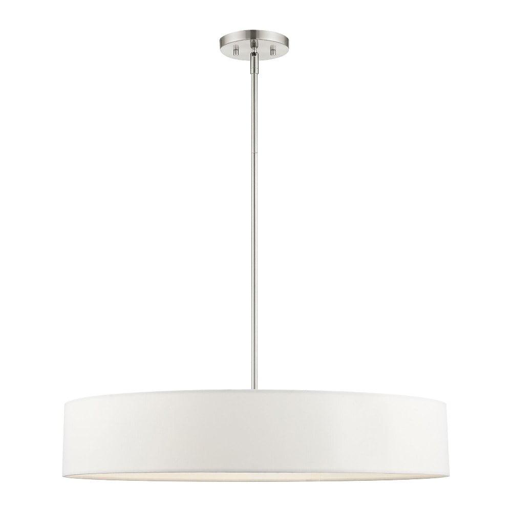 Elegant Brushed Nickel 5-Light Drum Pendant with Crystal Accents and Off-White Shade