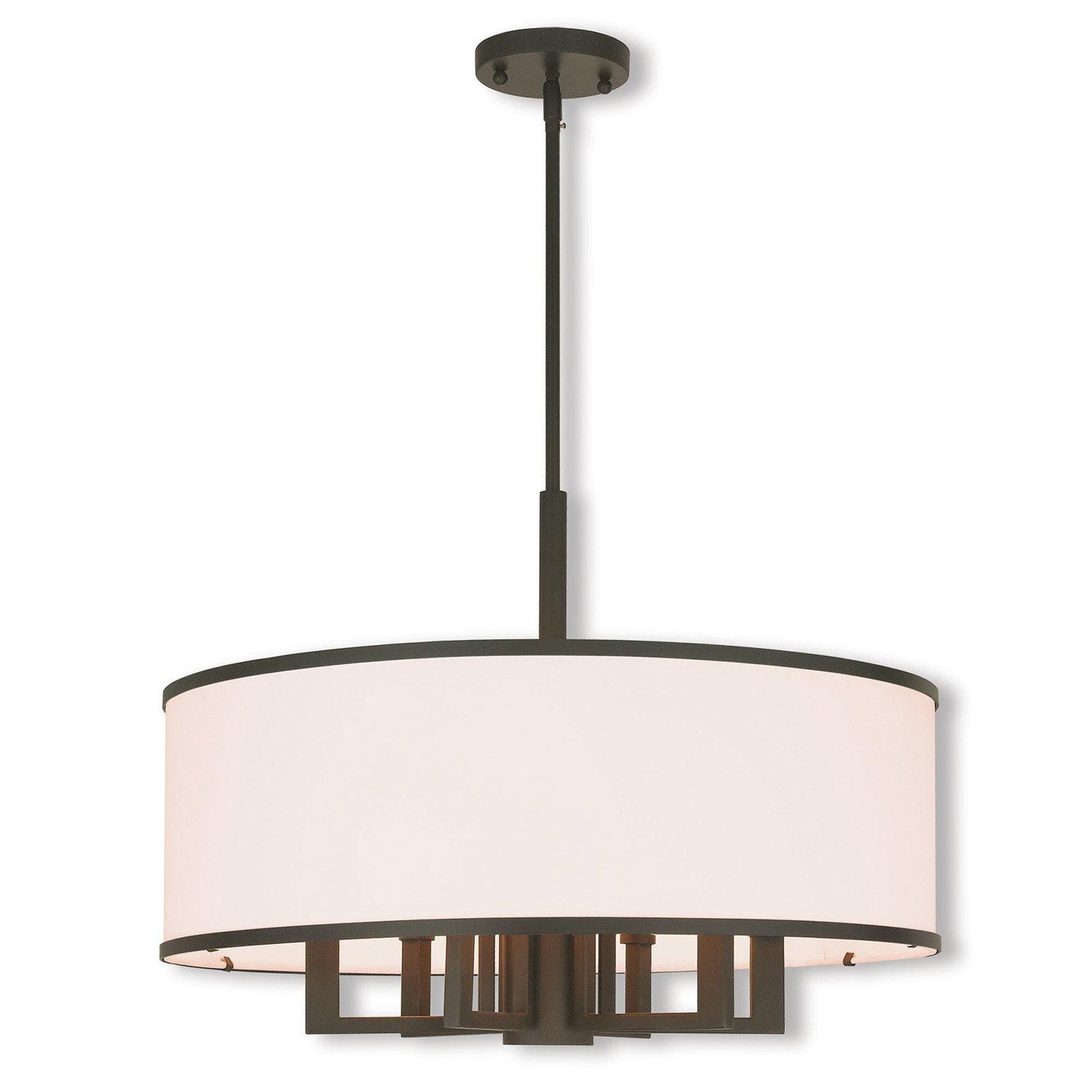 Elegant Off-White Fabric and Bronze Finish Drum Pendant Chandelier