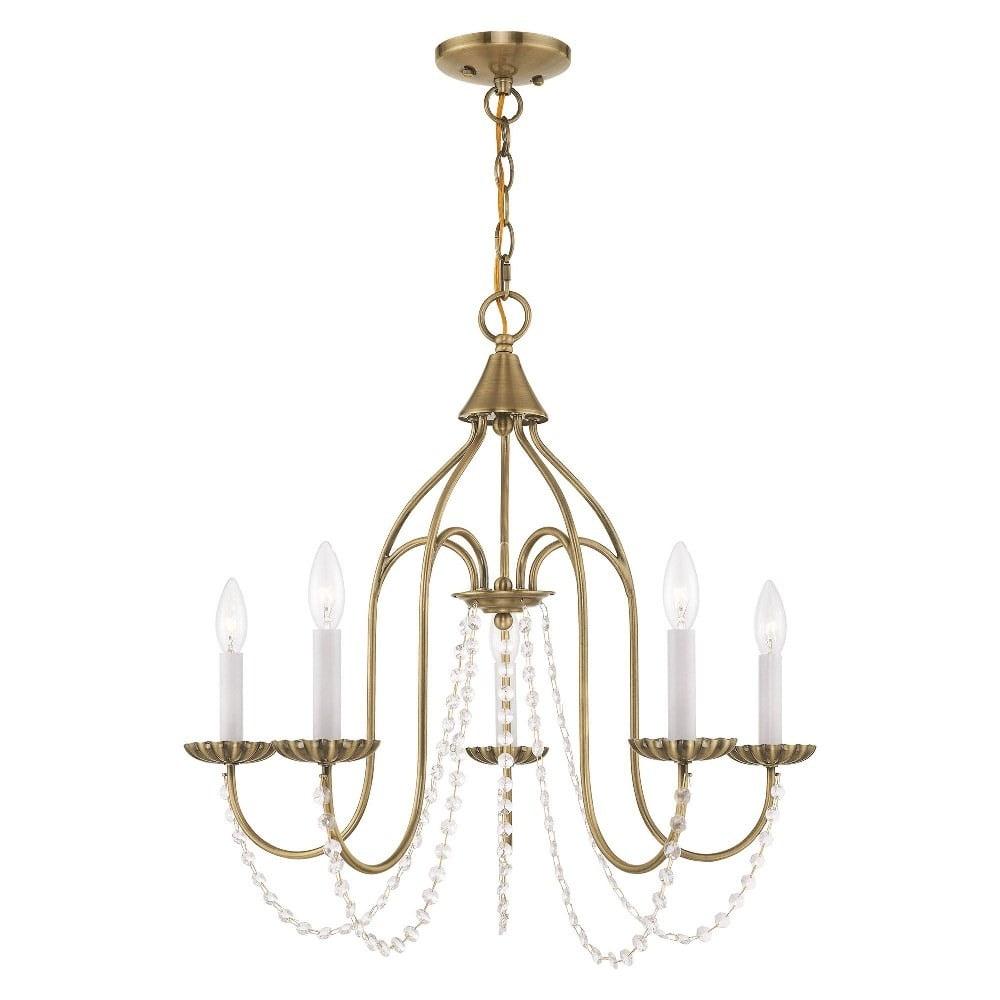 Antique Brass Mini 5-Light Crystal Candle Chandelier