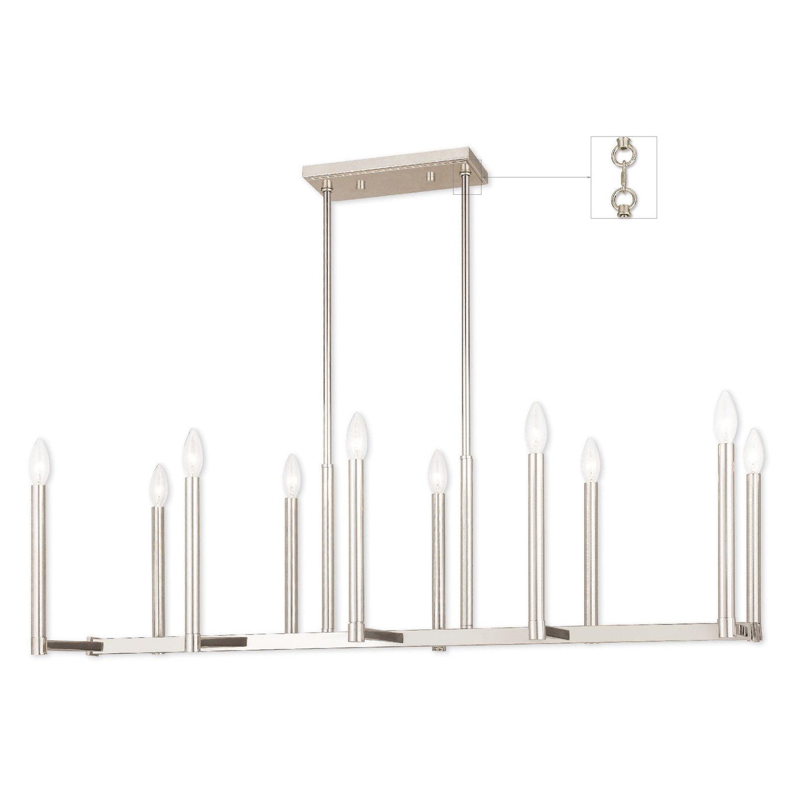 Polished Nickel 10-Light Linear Chandelier with Tall Candle Sleeves