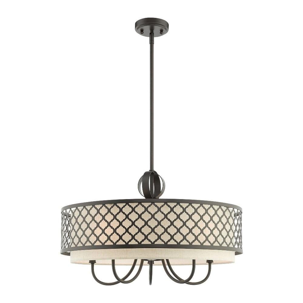 English Bronze 24" Drum Chandelier with Off-White Shade