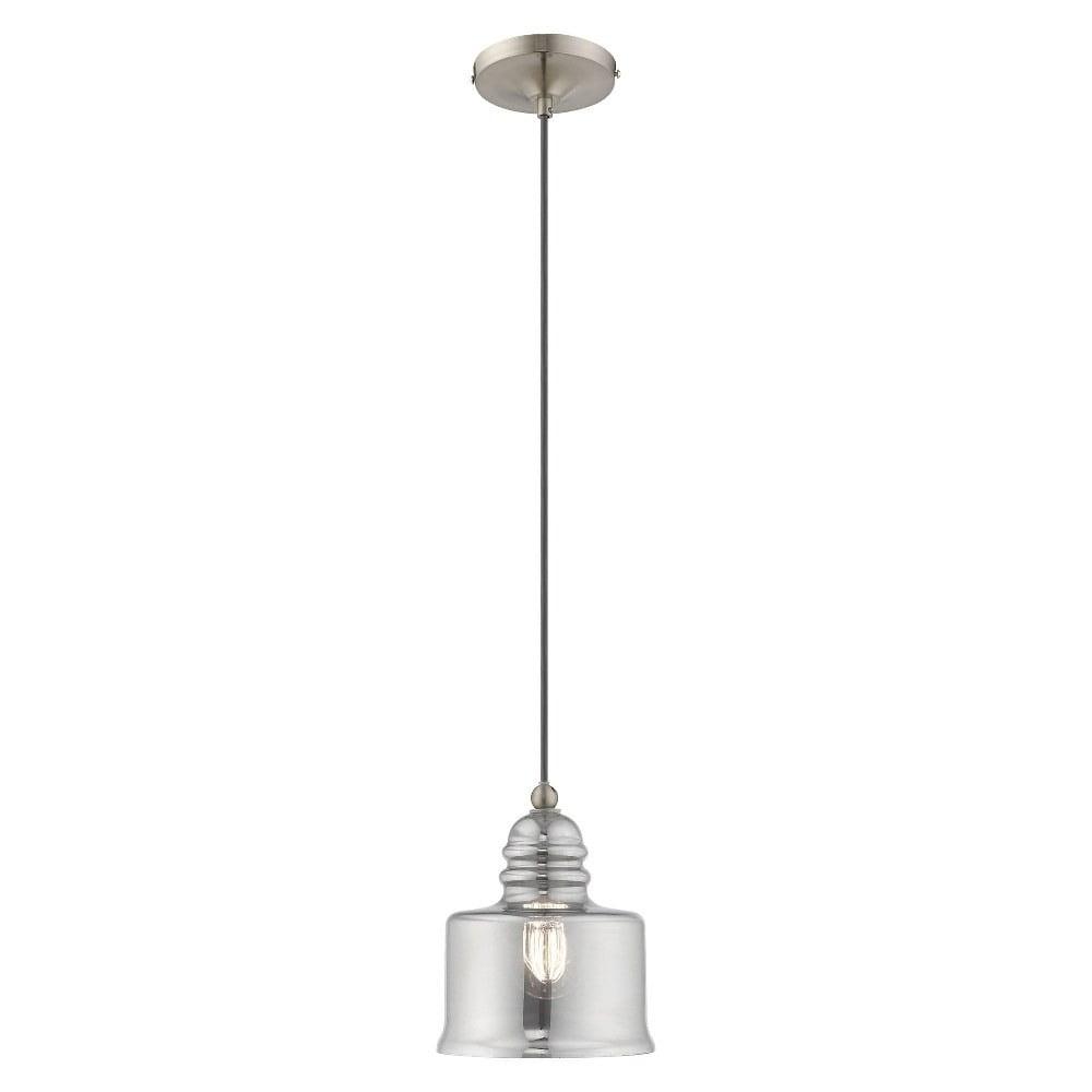 Mini Drum Smoke Glass 1-Light Pendant in Brushed Nickel