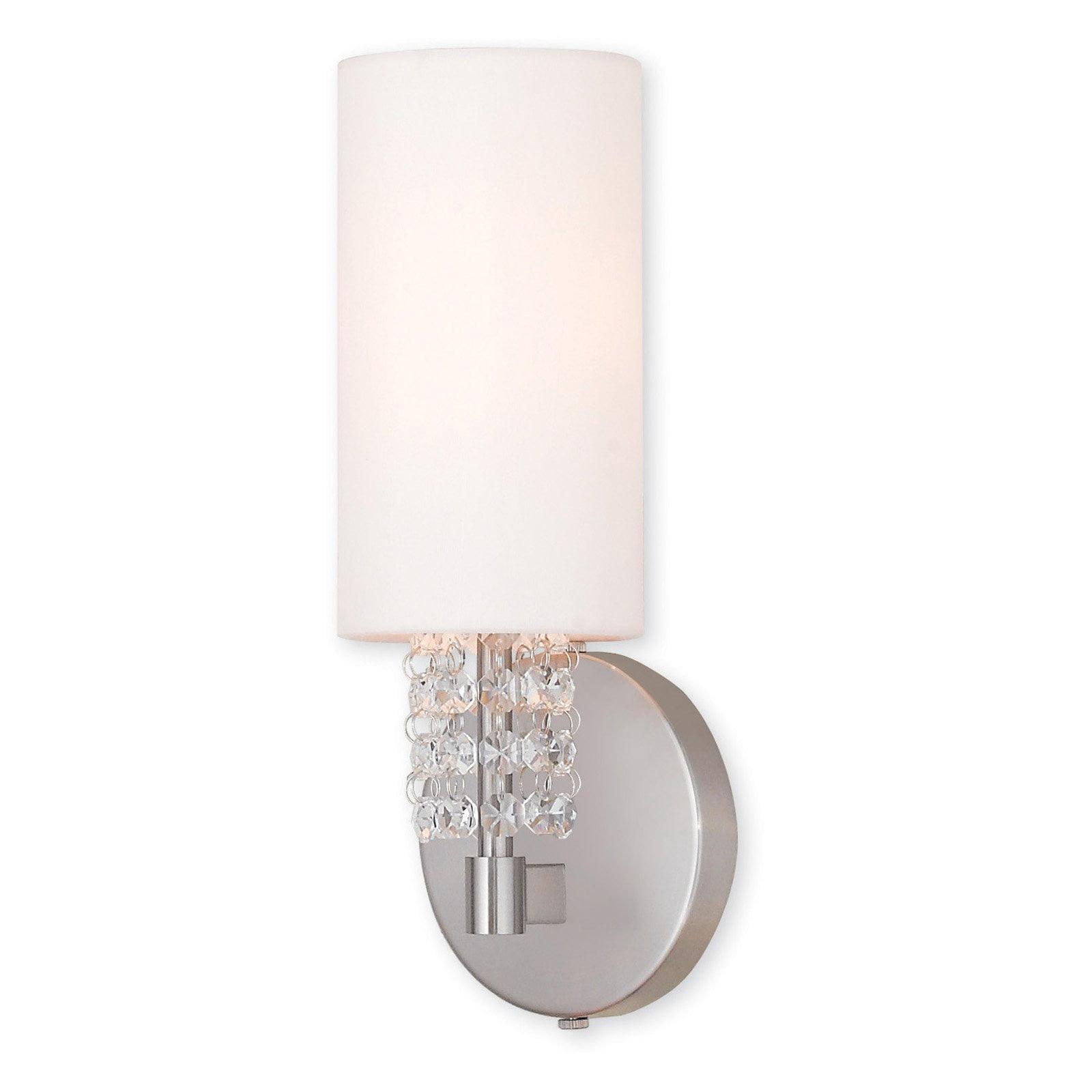 Brushed Nickel Crystal Sconce with White Fabric Shade