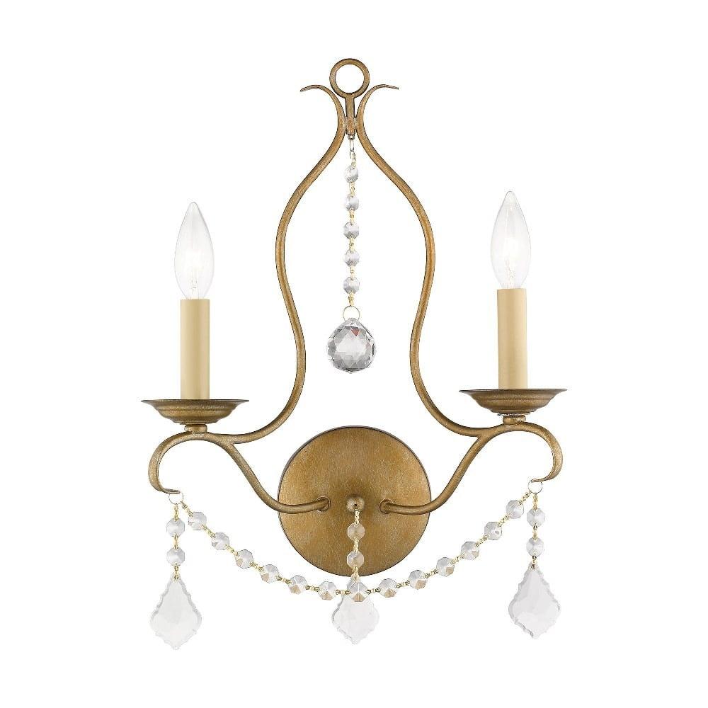 Elegant Antique Gold Leaf Dual-Light Wall Sconce with Crystal Accents