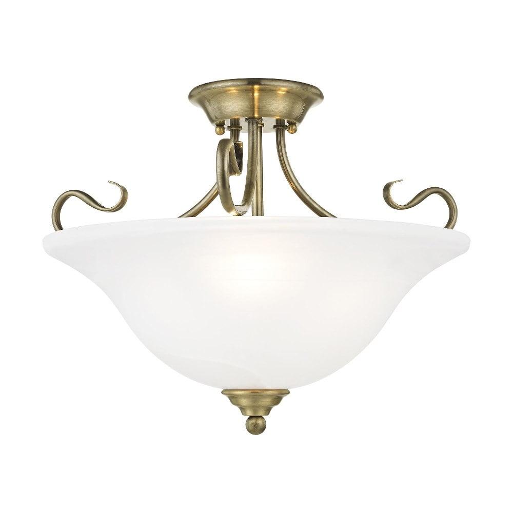 Antique Brass 3-Light Semi-Flush Mount with White Alabaster Glass