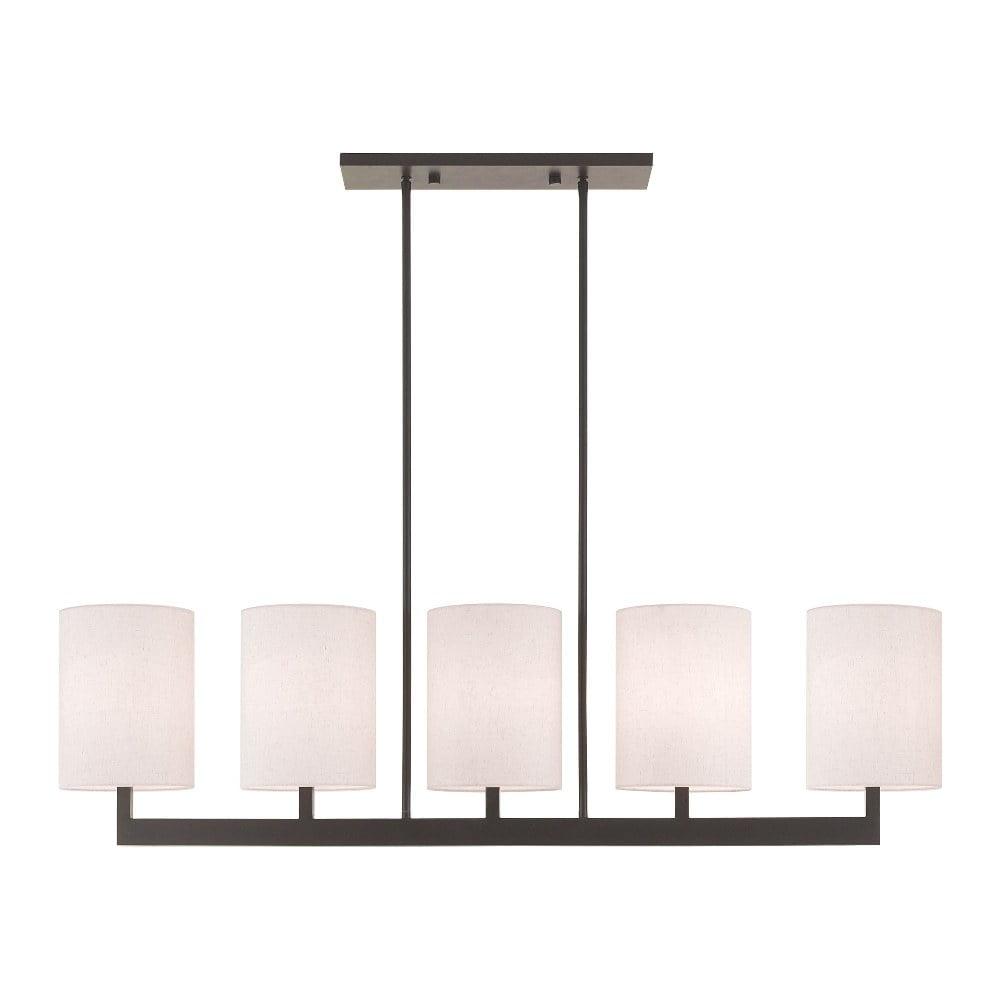 Elegant Bronze Drum 5-Light Linear Chandelier with Oatmeal Shade