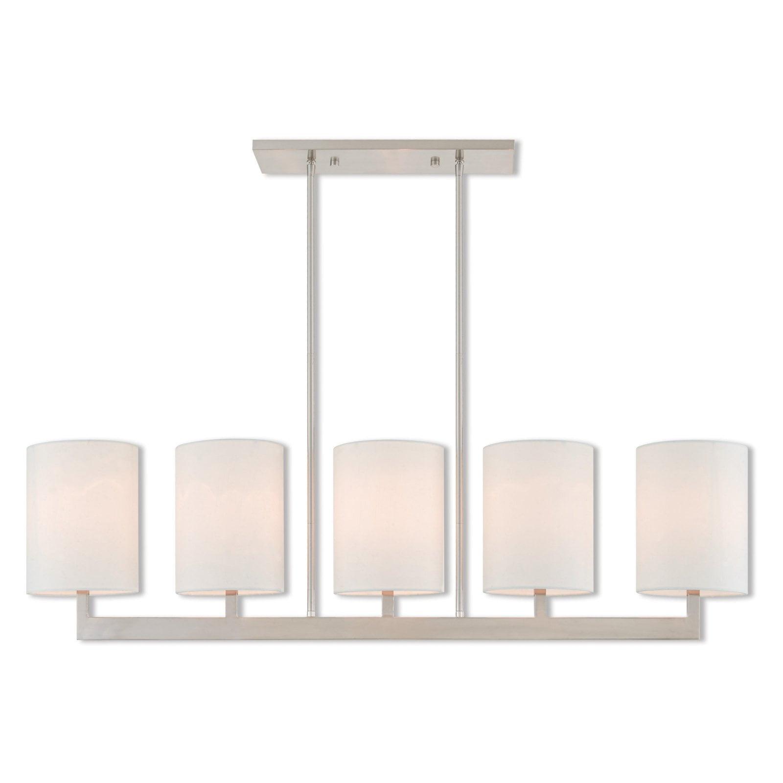 Contemporary Brushed Nickel 5-Light Linear Chandelier with Off-White Shades