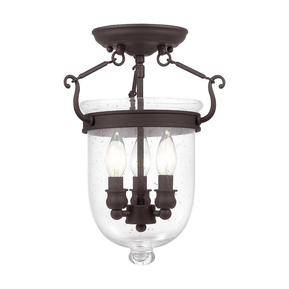 Jefferson Seeded Glass 3-Light Bronze Jar Flush Mount with Polished Nickel Accents