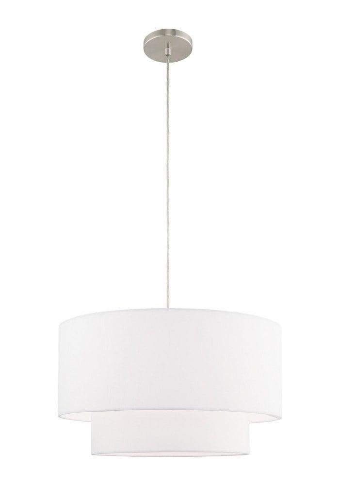 Elegant Brushed Nickel Drum Pendant with Off-White Fabric Shade