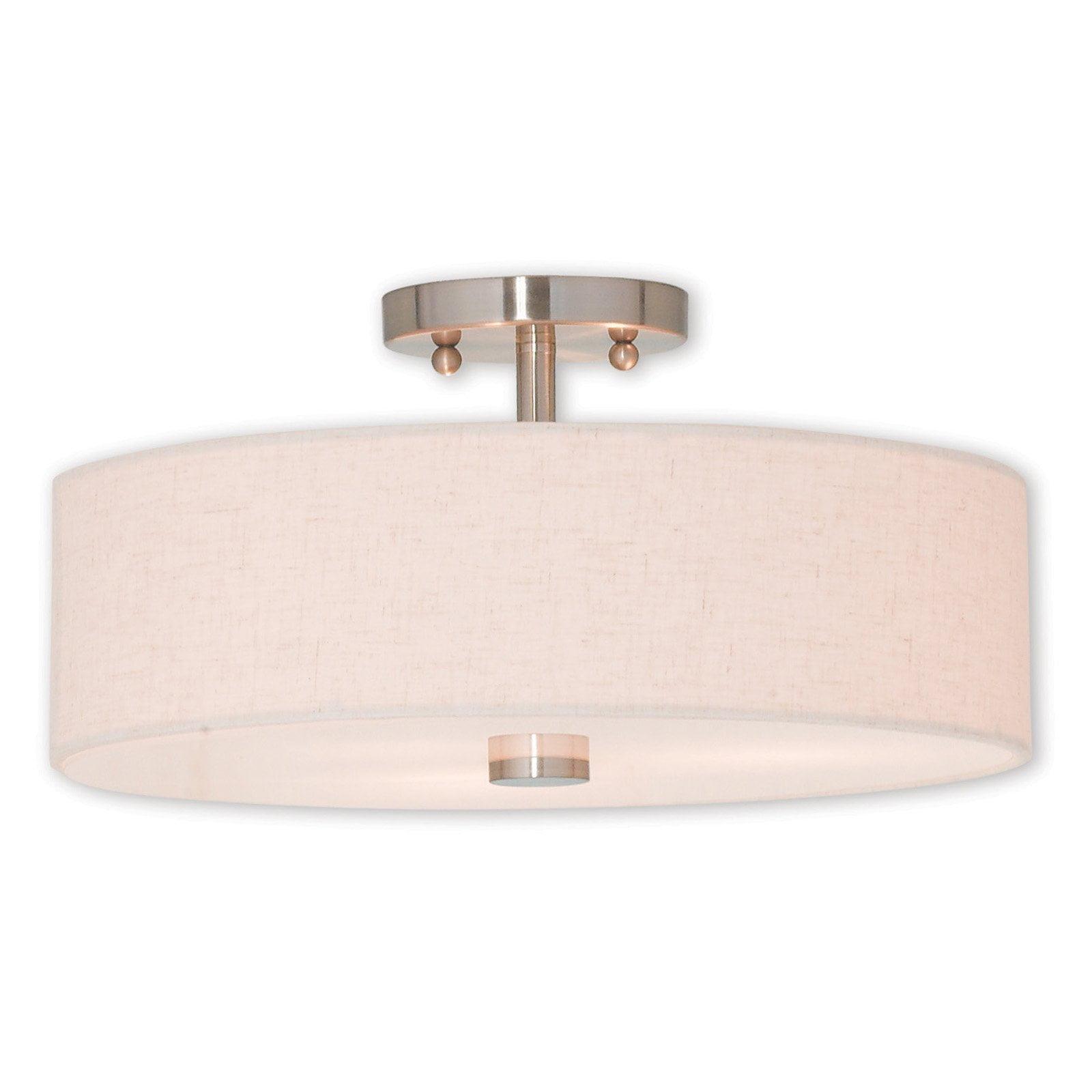 Meridian Brushed Nickel 3-Light Drum Ceiling Fixture with Oatmeal Shade