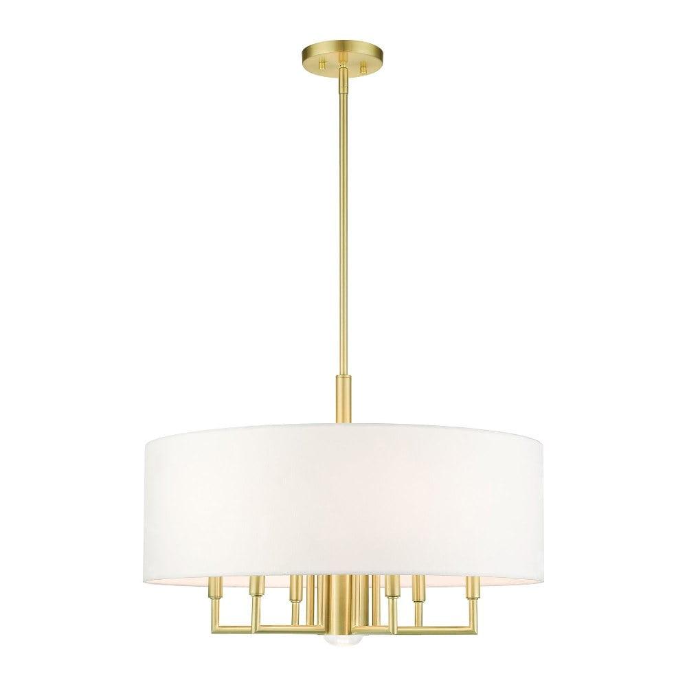 Meridian Satin Brass 7-Light Modern Drum Chandelier with Off-White Shade