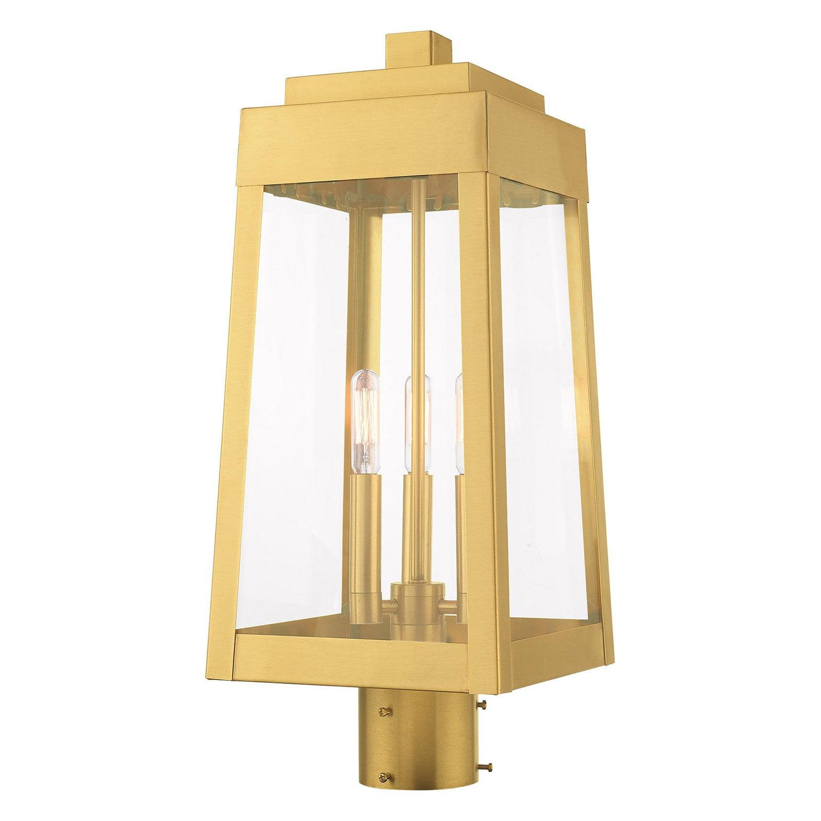 Oslo Satin Brass 3-Light Outdoor Post Top Lantern with Clear Glass