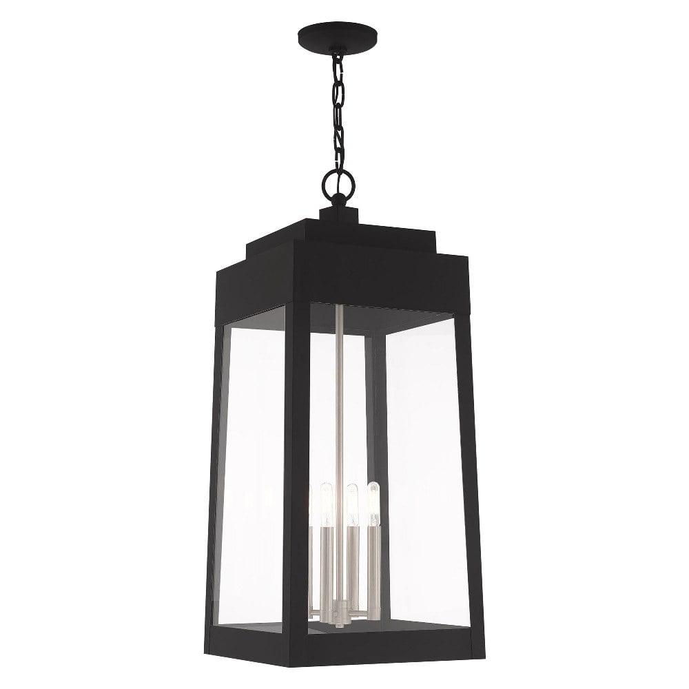 Sleek Tapered Black Brass Outdoor Pendant with Clear Glass Panels