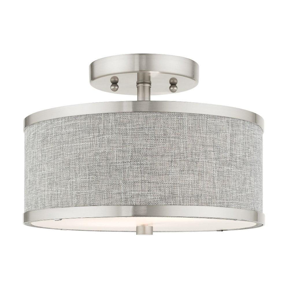 Elegant Indoor/Outdoor Brushed Nickel Drum LED Light with Grey Shade