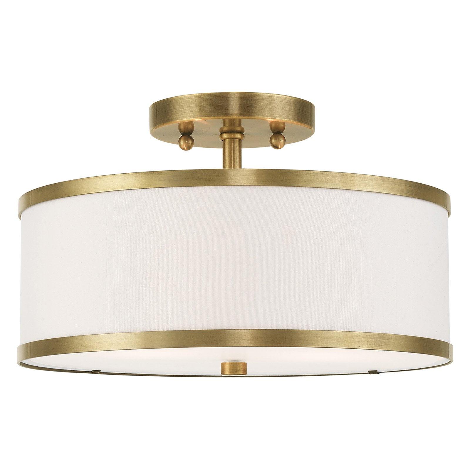 Antique Brass and Off-White Fabric Semi-Flush Mount Light