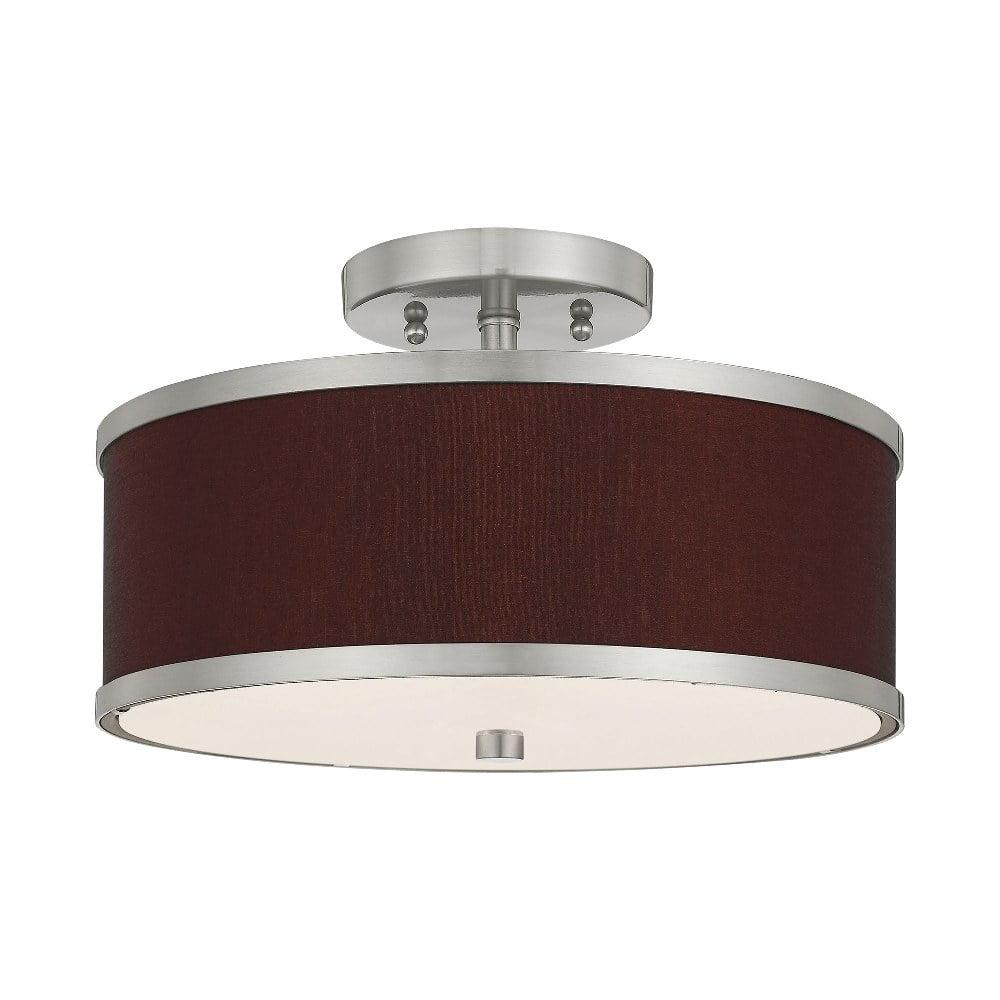 Brushed Nickel 2-Light Semi-Flush Mount with Red Wine Fabric Shade