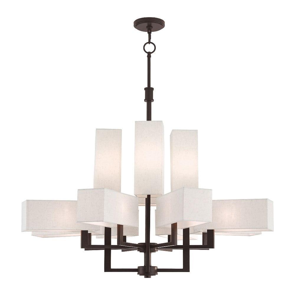 Rubix 12-Light Bronze Chandelier with Oatmeal Fabric Shades