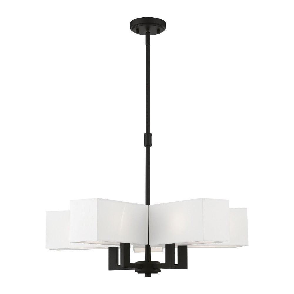 Satin Brass and Black 5-Light Chandelier with Fabric Shades