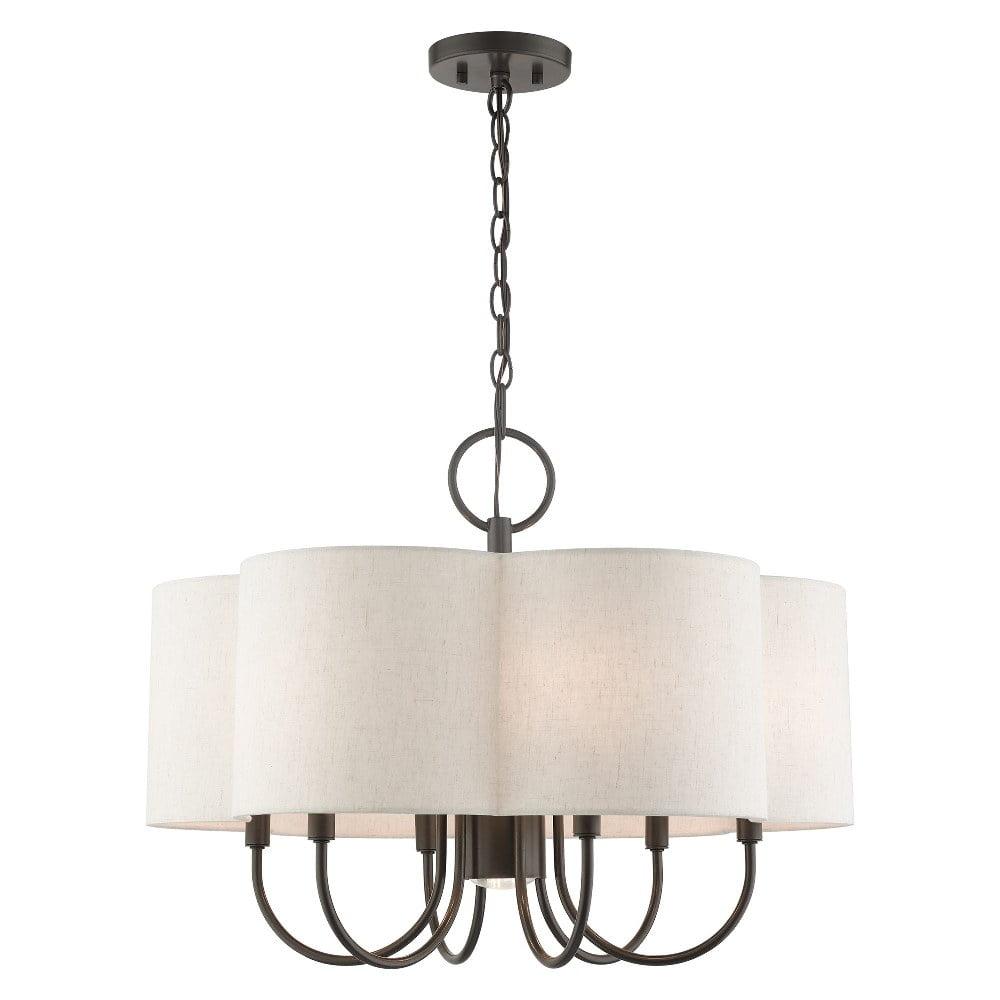 Elegant Solstice English Bronze 7-Light Chandelier with Oatmeal Shade