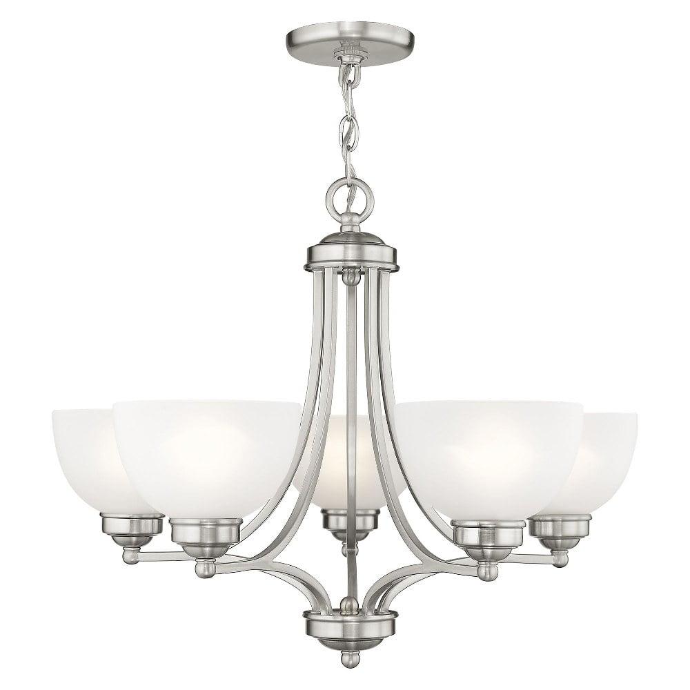 25" Brushed Nickel and Satin Glass 5-Light Chandelier