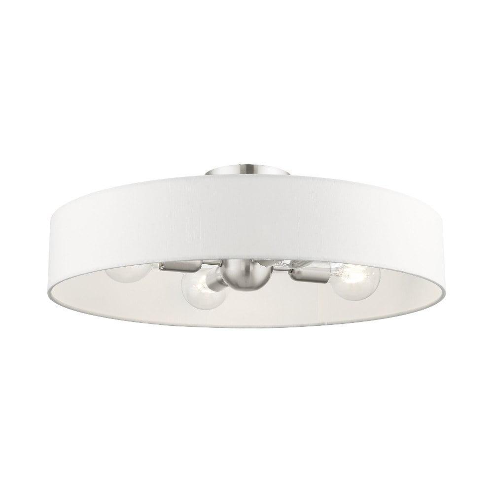 Sophisticated Brushed Nickel 4-Light Indoor/Outdoor Drum Pendant with Off-White Fabric Shade