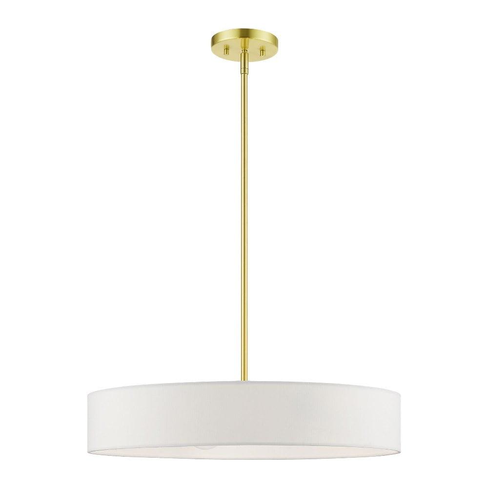 Satin Brass 22" Drum Pendant with Off-White Fabric Shade