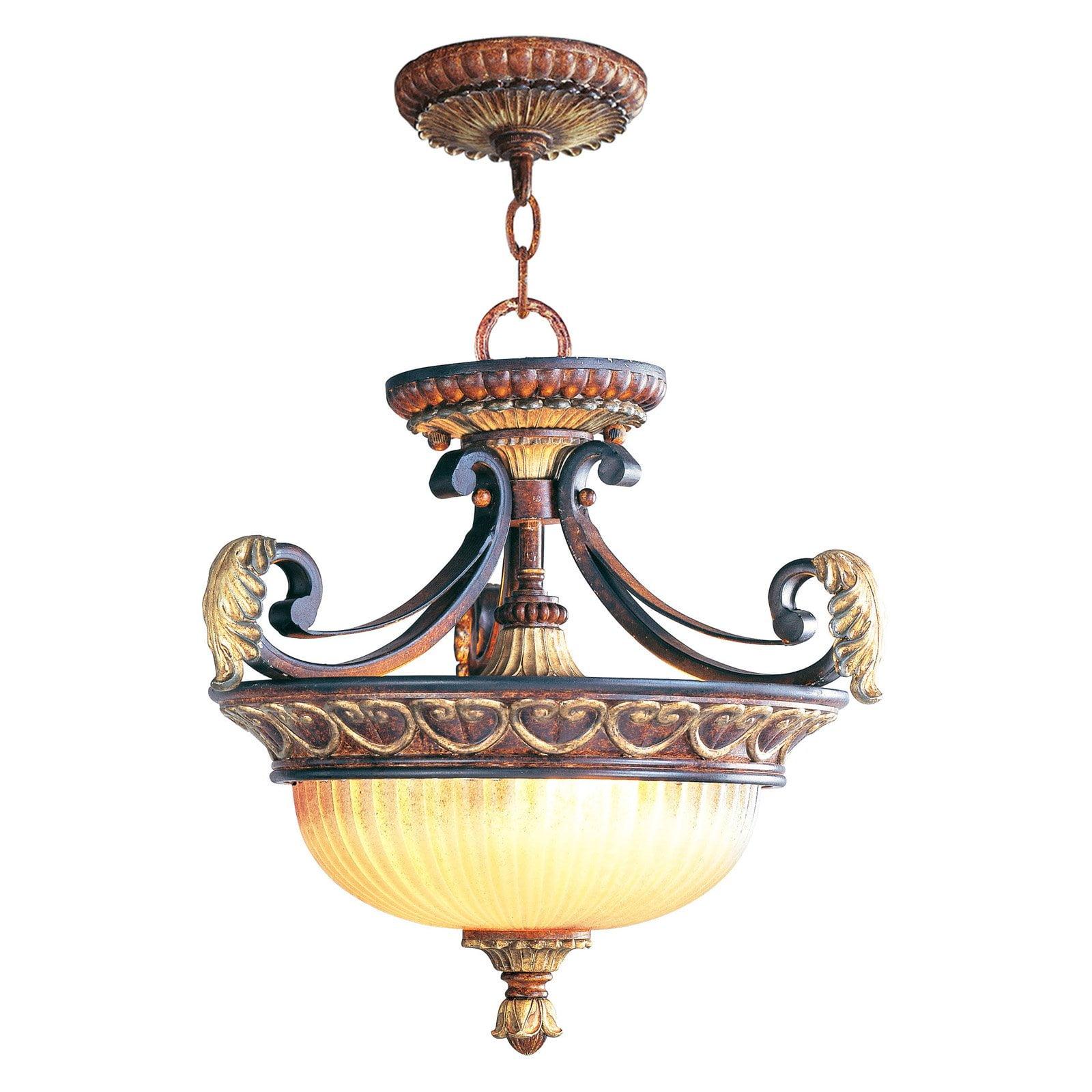 Villa Verona Bronze & Aged Gold Leaf 2-Light Pendant with Rustic Art Glass