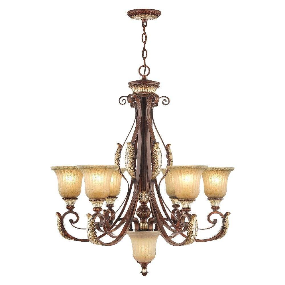 Verona Bronze & Aged Gold Leaf 7-Light Rustic Art Glass Chandelier