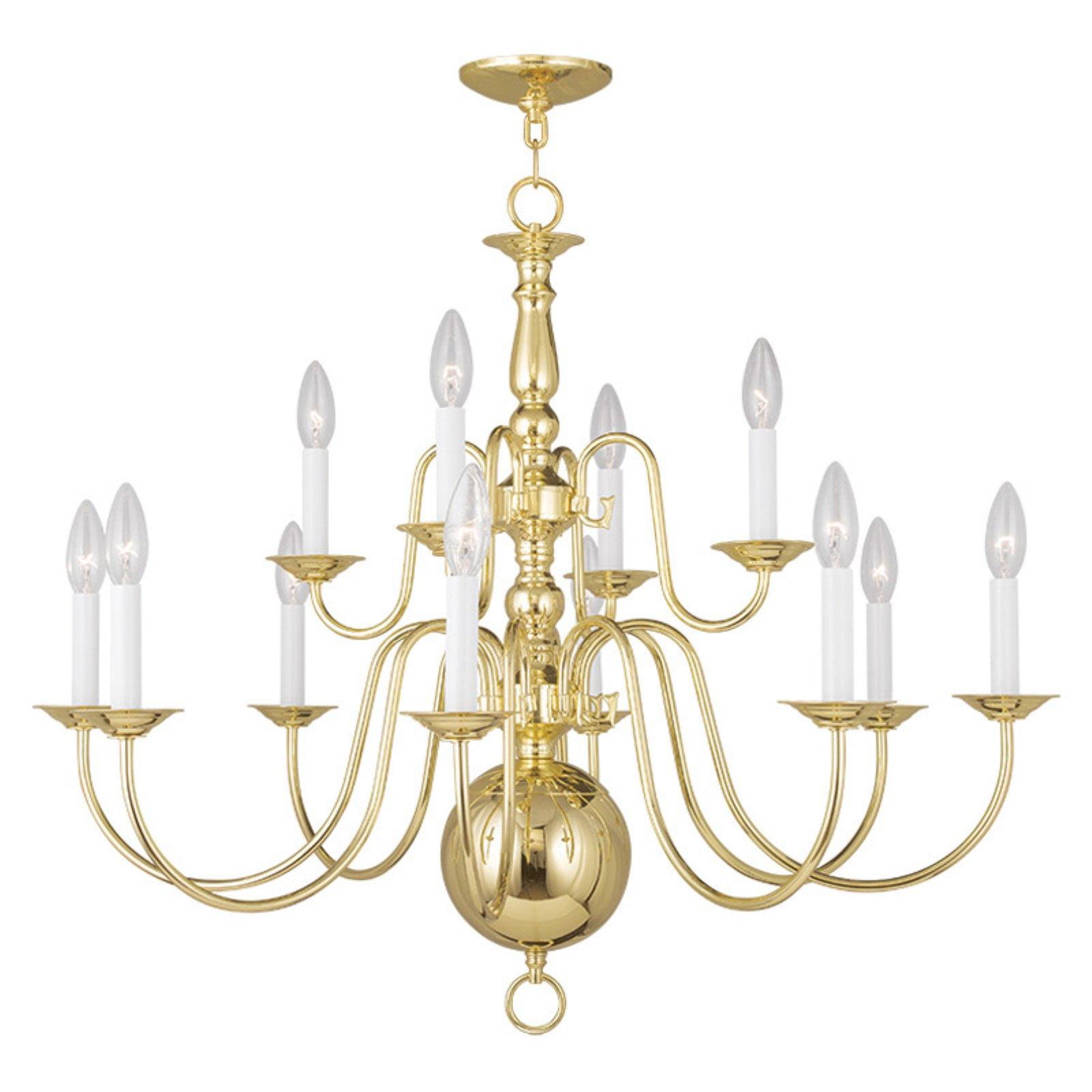 Elegant Colonial 12-Light Polished Brass Chandelier with Candelabra Base