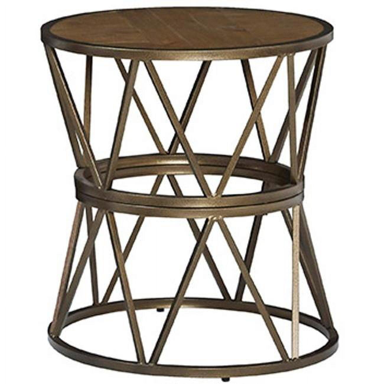 Beige and Gold Round Wood Metal End Table