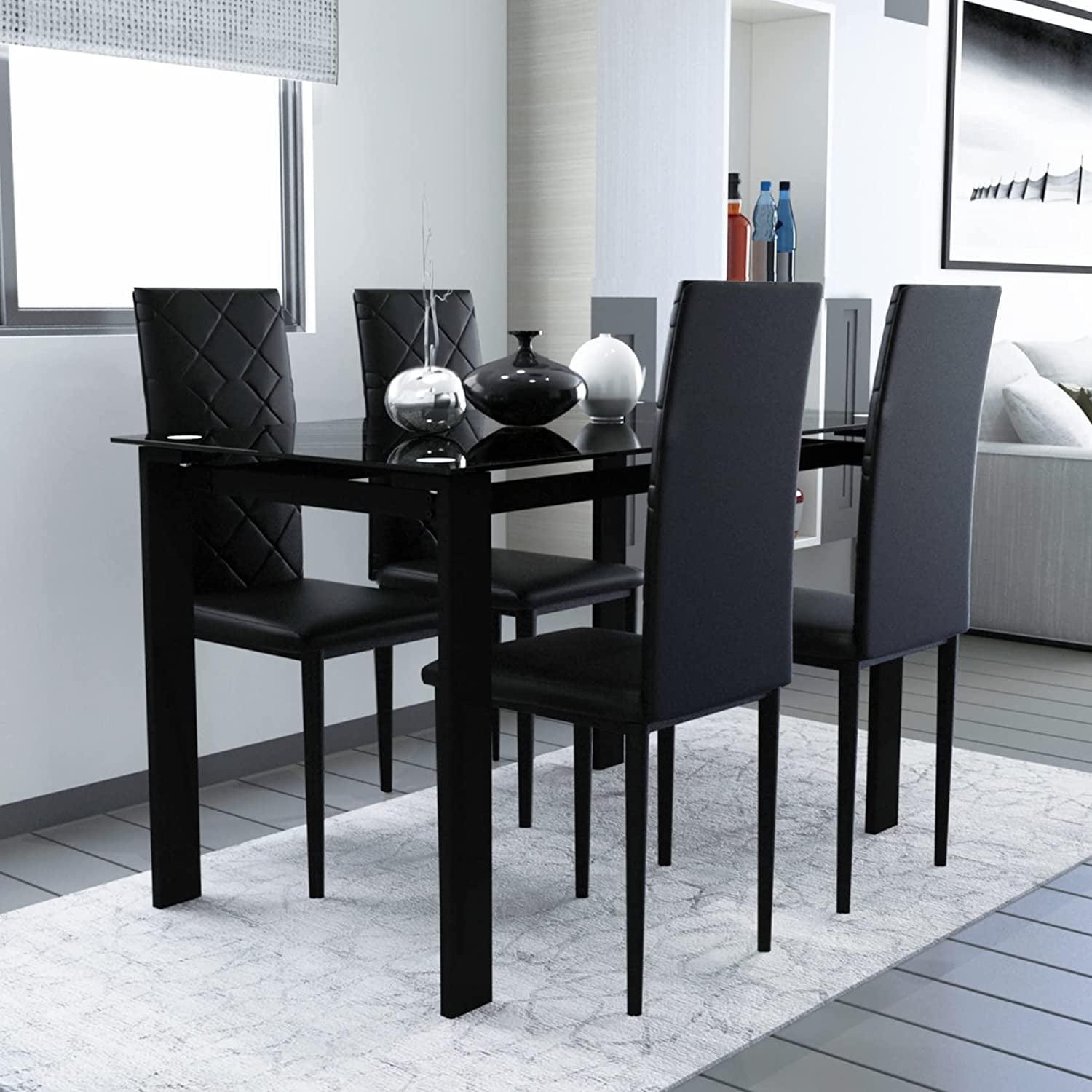 Black Glass Top Dining Table Set with 4 Faux Leather Chairs