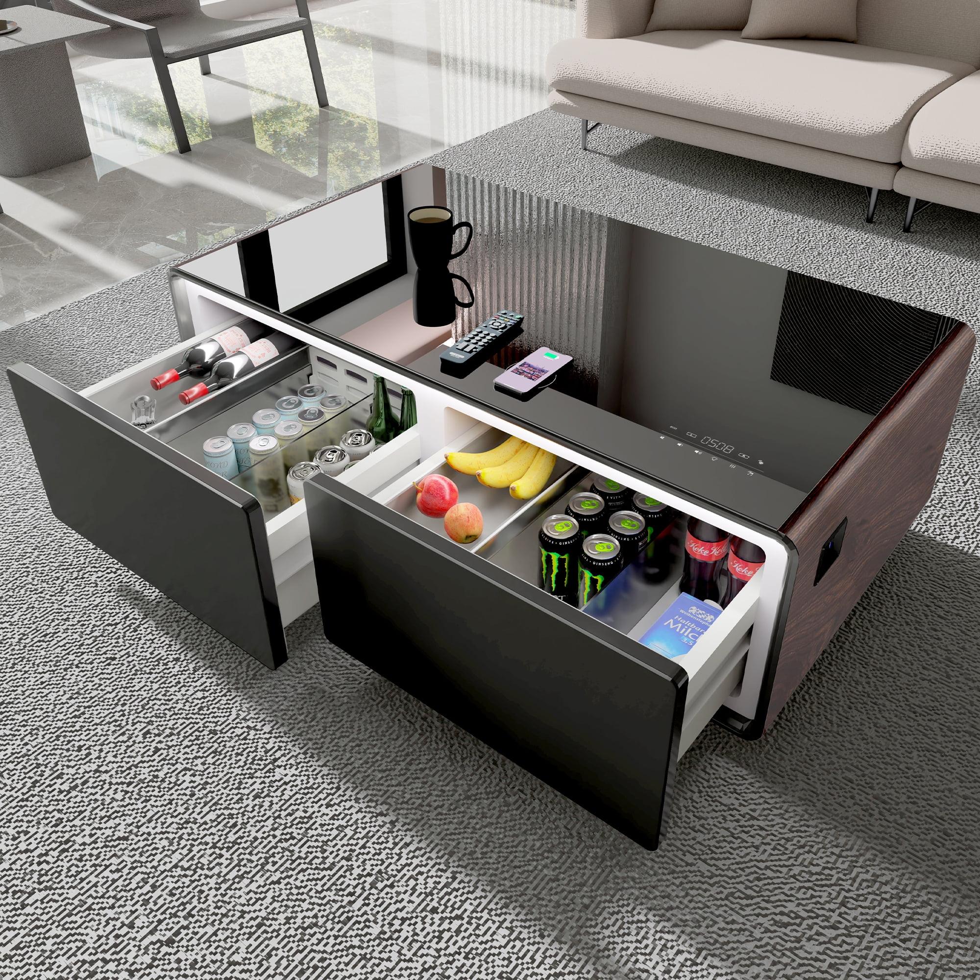 Livtab Smart Coffee Table with Built in Fridge, Bluetooth Speakers, Wireless Charging, Outlets, RGB Light, Brown