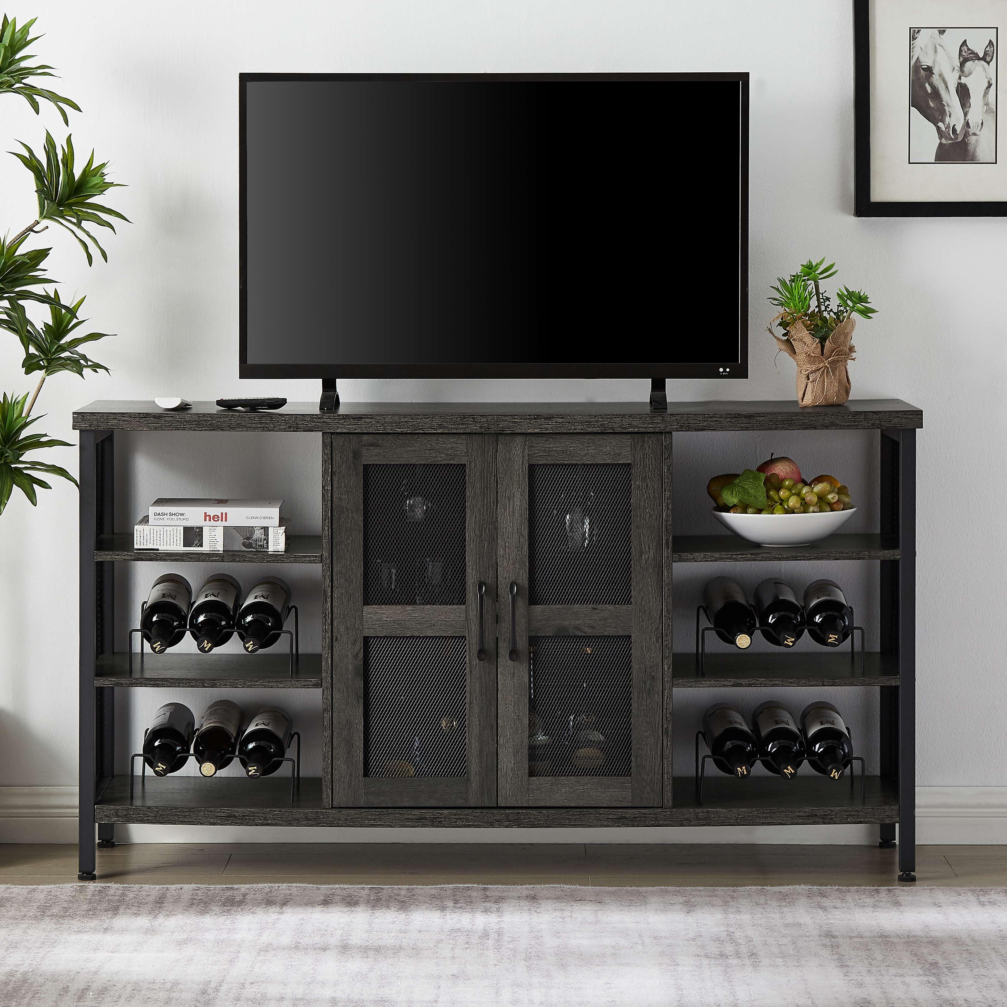 Dark Gray Industrial Wine Bar Cabinet with Steel Frame