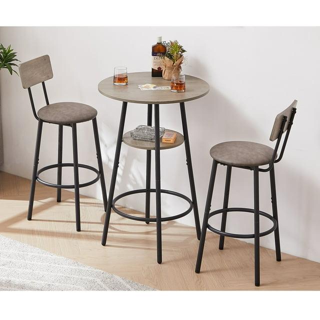 Kitchen Bar Table Set, 3-Piece Bar Table Set for Kitchen, Round Dining Room Set with 2 Upholstered Chairs, Gray Table and Chairs Dining Set for Pub Bistro Restaurant