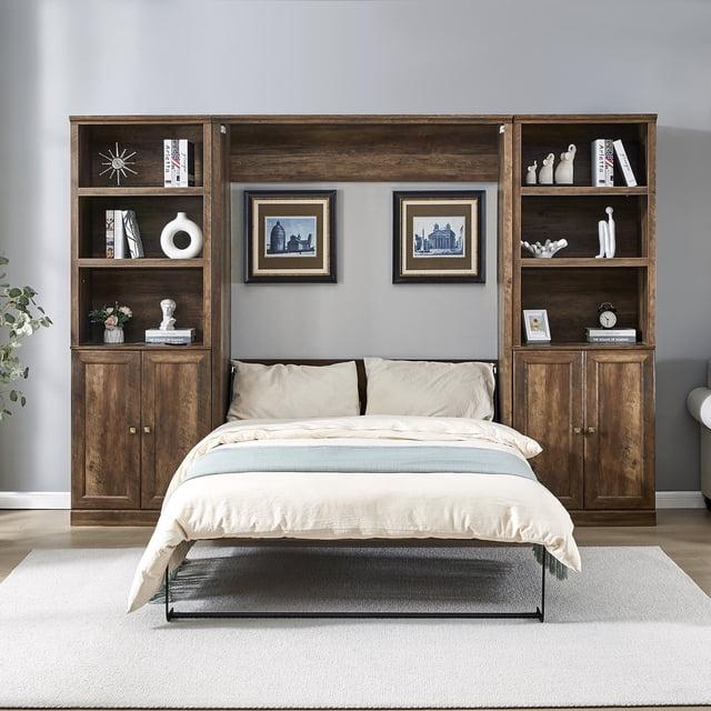 LOONGFIELD Full Size Half Self-Close And Open Murphy Bed With 2 Side Cabinet Storage Shelf, Cabinet Space-Saving Bed Perfect For Guest Room, Bed Room, Guest Room, Home Office
