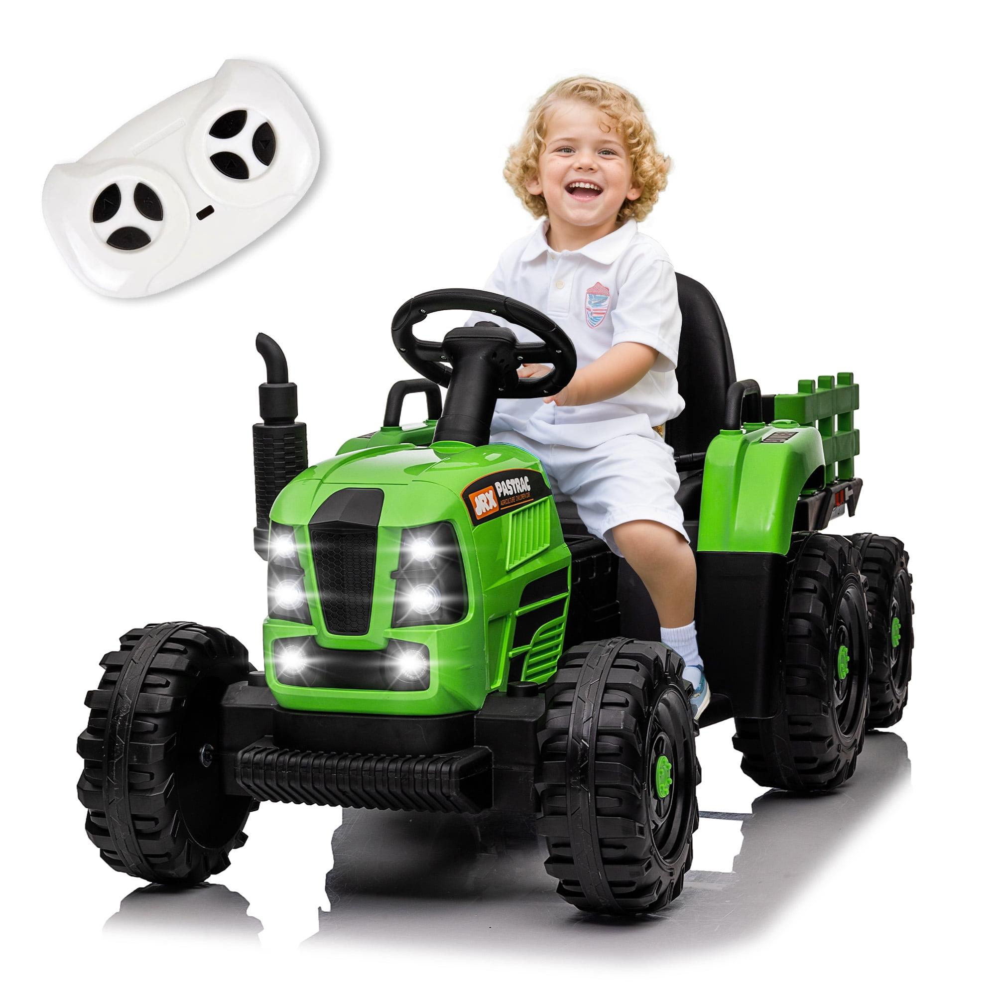 LoLado 12V Ride on Tractor with Trailer Battery Powered Electric Toy w/Remote Control for Kids,3 Speed Adjustable, USB, MP3 ,Bluetooth, LED light, Two-point Safety Selt, Green