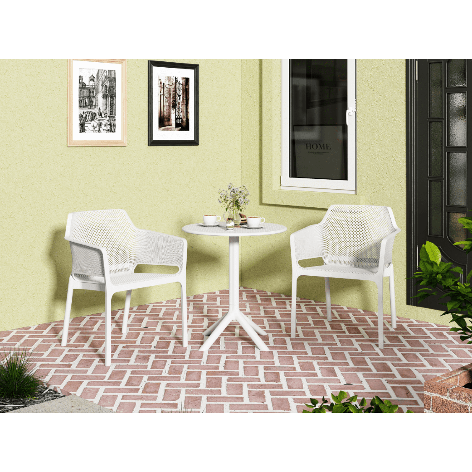 Antique White Plastic 3-Piece Outdoor Bistro Set with Round Table