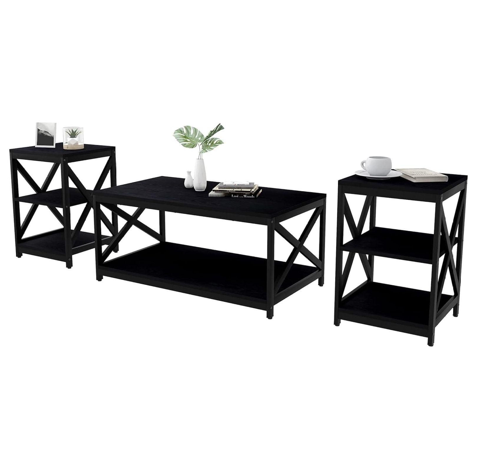 Jiowenm Living Room Coffee Table Set of 3, Industrial X-Design Coffee Table and 2 End Side Tables, 3 Piece Living Room Table Set with Large Storage for Apartment Home, Black