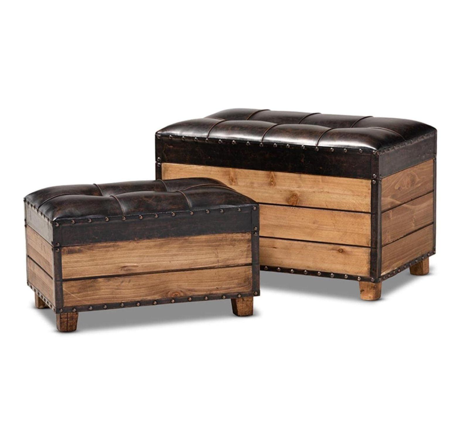 Rustic Dark Brown Faux Leather Tufted Trunk Ottoman Set