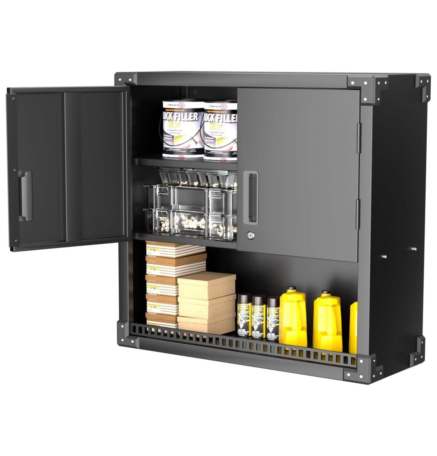 AOBABO Metal Garage Wall Mounted Storage Cabinet with Locking Door, Shelf, and Opened Drawer for Warehouse and Office Organization, Black