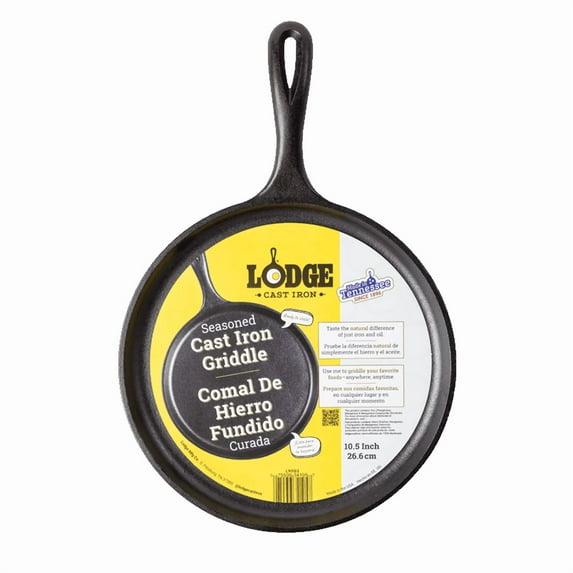 Lodge 10.5" Cast Iron Griddle: Preseasoned Nonstick Crepe Pan, Smooth Surface & Gas Compatible, Hand Wash, Black