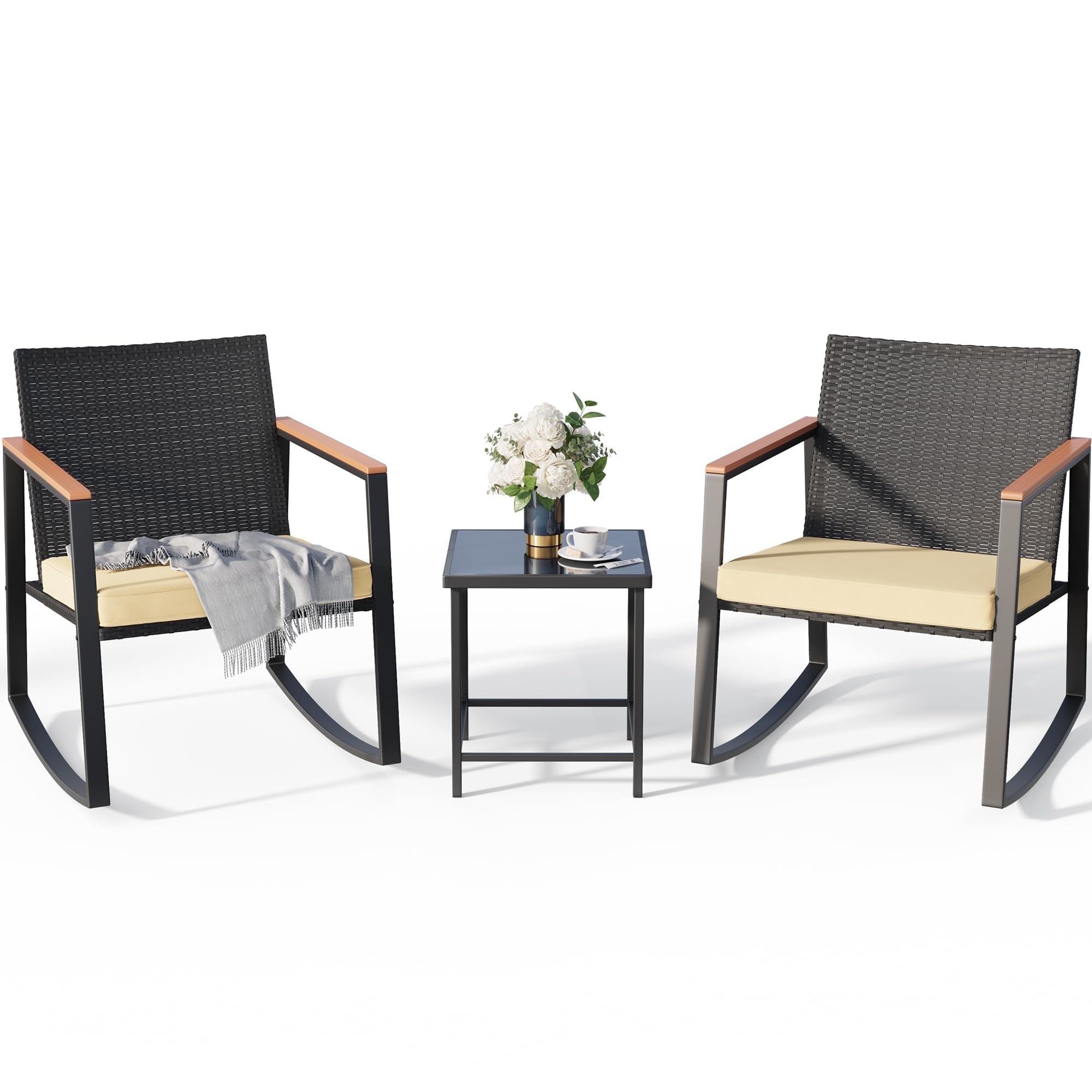 Lofka Patio Furniture Set with Tea Table 3 Pieces Outdoor Wicker Rocking Chairs Set for Porch & Garden, Beige Cushion