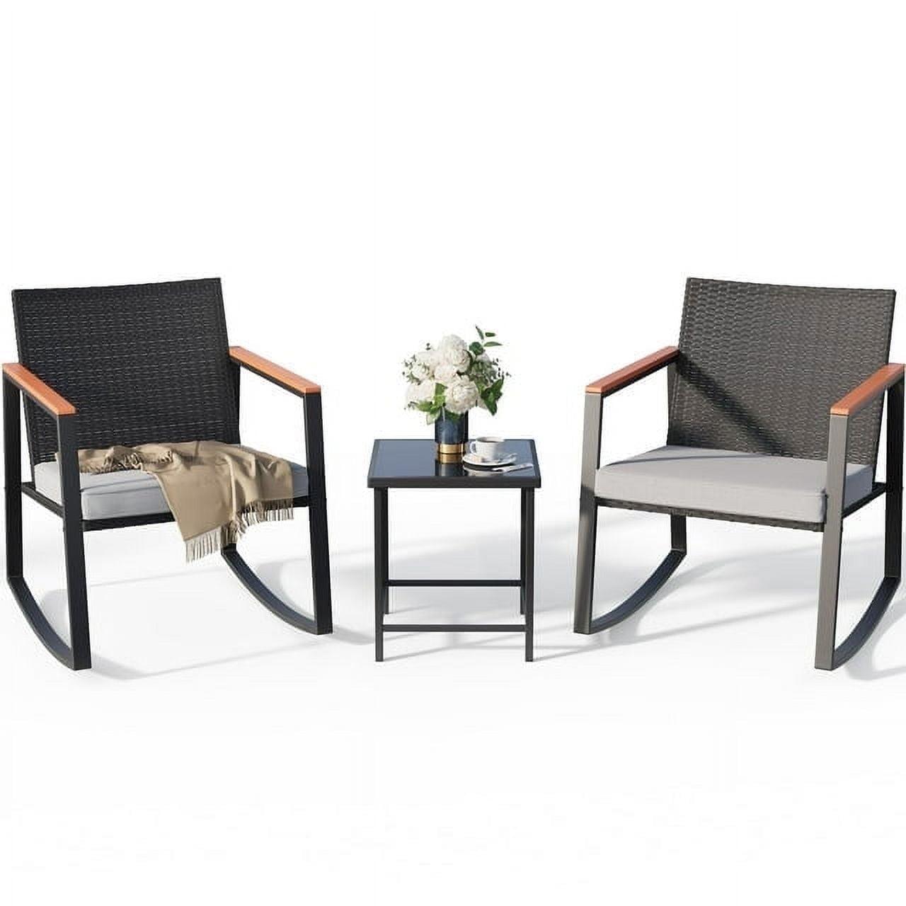 Patio Furniture Set Clearance, 3 Pieces Rocking Wicker Chair with Soft Cushion and Glass Coffee Table, for Garden, Balcony, Backyard, Gray