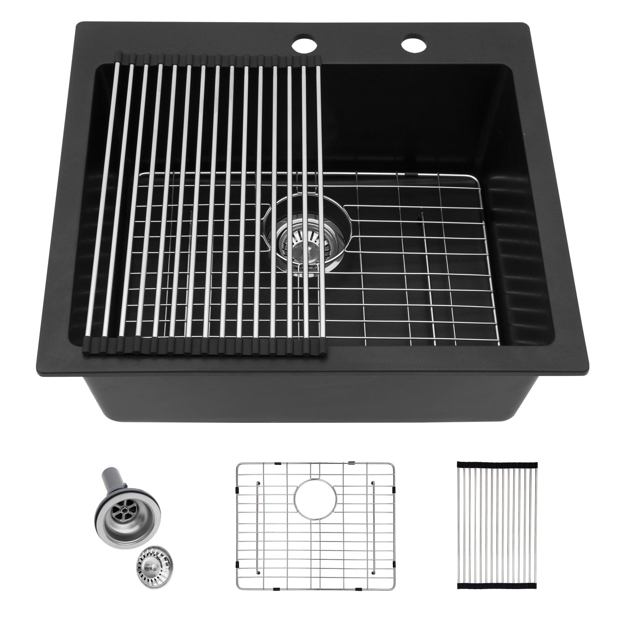 Quartz Kitchen Sink - 25X22" Black Granite Composite Drop In Kitchen Sink