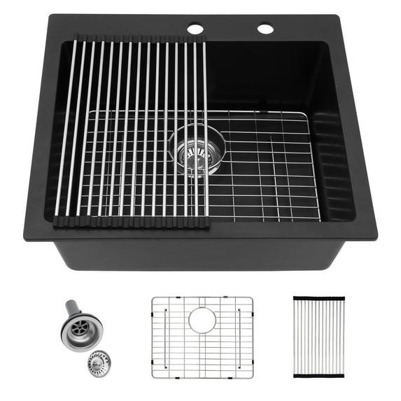 Quartz Kitchen Sink - 25X22" Black Granite Composite Drop In Kitchen Sink