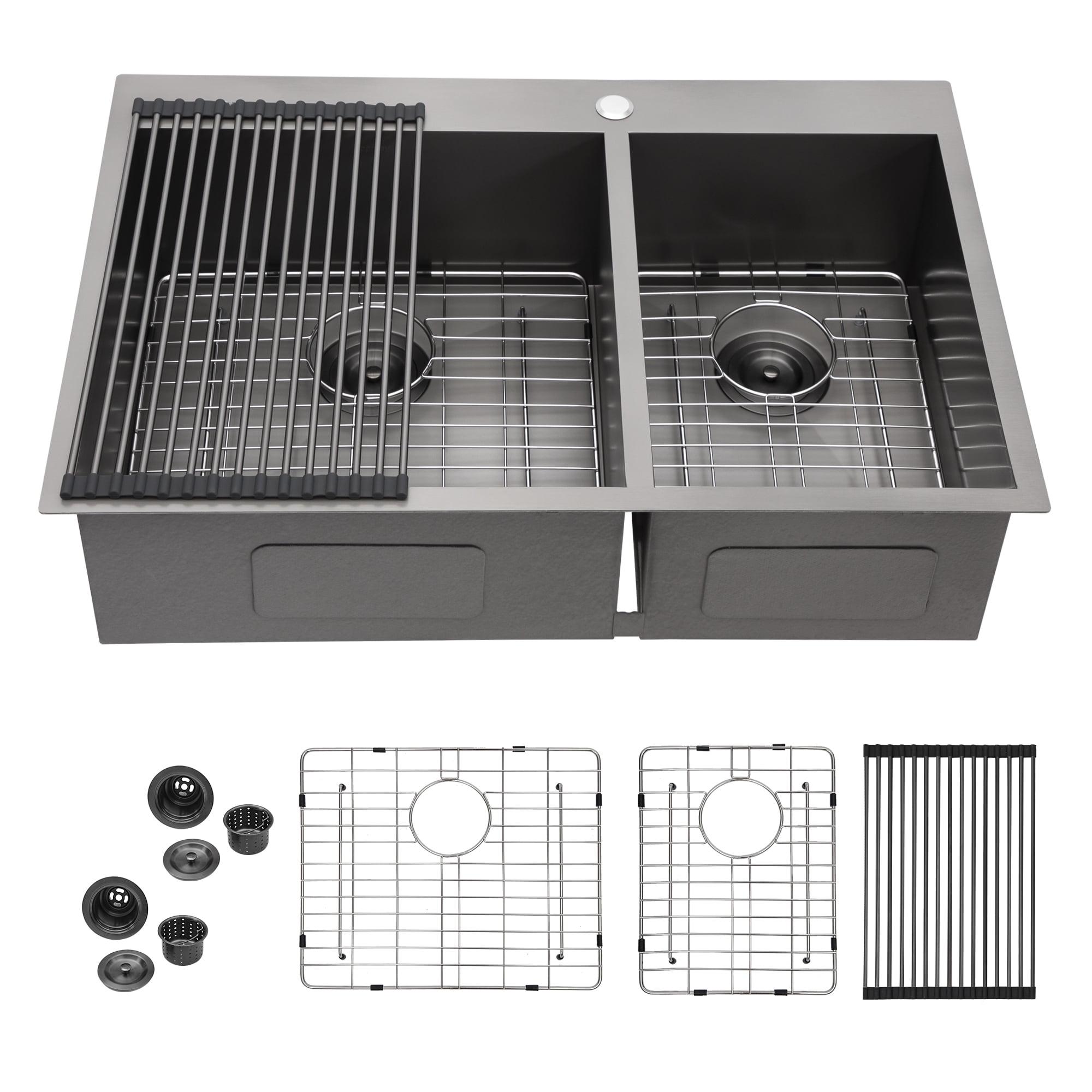 Logmey Stainless Steel Drop In Kitchen Sink 33x22 Inch Topmount Gunmetal Black 60/40 Double Bowl Kitchen Sink